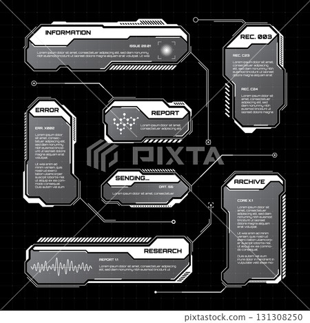 White futuristic HUD, UI elements. Sci-fi user interface text boxes, callouts. Warning message frames, information boxes template. Modern game interface layout in digital style. Vector illustration 131308250