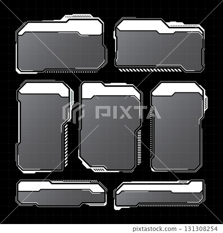 White futuristic HUD, UI elements. Sci-fi user interface text boxes, callouts. Warning message frames, information boxes template. Modern game interface layout in digital style. Vector illustration 131308254