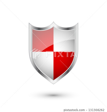 Glossy shield with red and black pattern. Security and protection concept. Cyber safety icons, internet privacy, web defense, digital data protection and antivirus themes. Vector illustration 131308262