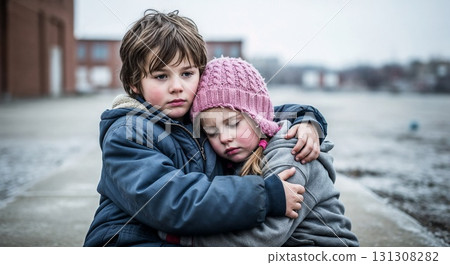 Two kids hugging each other warmly in winter clothes. 131308282