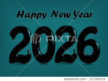 Gothic Elegance: Happy New Year 2026. Bold black numbers and letters adorned with enchanting blurs and sparks. Set against a green background. Vector illustration 131308316