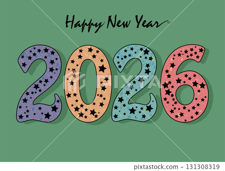 The colorful number 2026 is adorned with black stars, lending a hint of gothic charm to the New Year festivities. Set against a rich green background, vector illustration The colorful number 2026 is adorned with black stars, lending a hint of gothic charm to the New Year festivities. Set against a rich green background, vector illustration 131308319