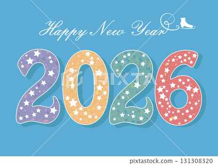 A colorful 2026 adorned with white stars and outlined in pure white. The Happy New Year text glides gracefully, resembling a skater's mark on pristine ice. vector illustration  131308320