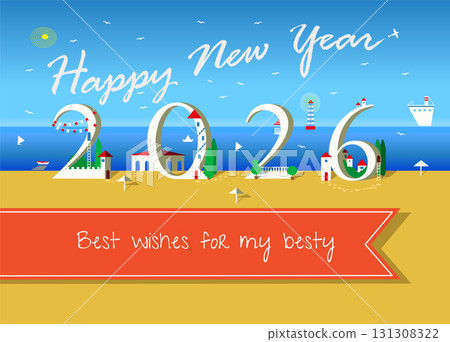 Coastal Celebration: Happy New Year 2026 at the Beach. White text are in the sky as plane trail. The numbers appear as charming beachfront houses. A serene seascape forms the backdrop Coastal Celebration: Happy New Year 2026 at the Beach. White text are in the sky as plane trail. The numbers appear as charming beachfront houses. A serene seascape forms the backdrop 131308322