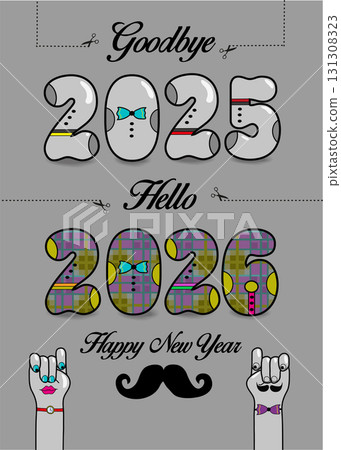 Retro New Year 2026. Vintage-style design bidding farewell to 2025 and welcoming 2026. Artistic numbers adorned with ties, buttons, and black text. Playful cartoon hands 131308323