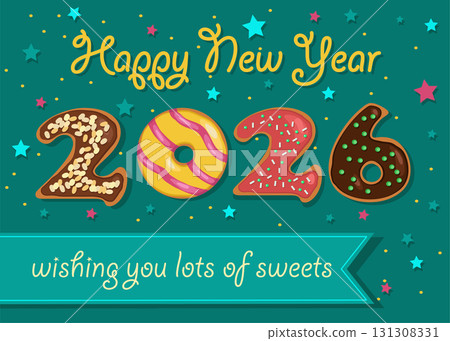 A colorful donut banner celebrating the new year. The number 2026 is made up of donuts with cream and nuts decor. The background is green with stars and confetti. The banner is perfect for custom text A colorful donut banner celebrating the new year. The number 2026 is made up of donuts with cream and nuts decor. The background is green with stars and confetti. The banner is perfect for custom text 131308331
