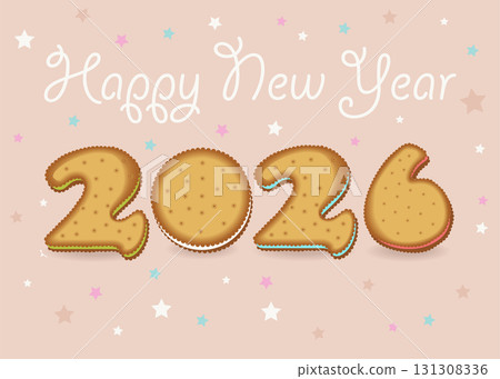 Happy New Year 2026 Cream-Filled Cookie Number. A festive illustration of a cream-filled cookie number 2025 on a pink background with stars and white cream inscription. Perfect for New Year's greeting 131308336
