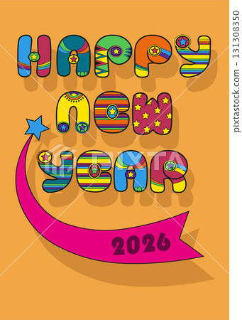 Happy New Year 2026. Inscription by artistic font. Colorful disco letters. Blue star with pink tail with place for custom text. Best Wishes. Vector illustration. Illustrator Artwork 131308350