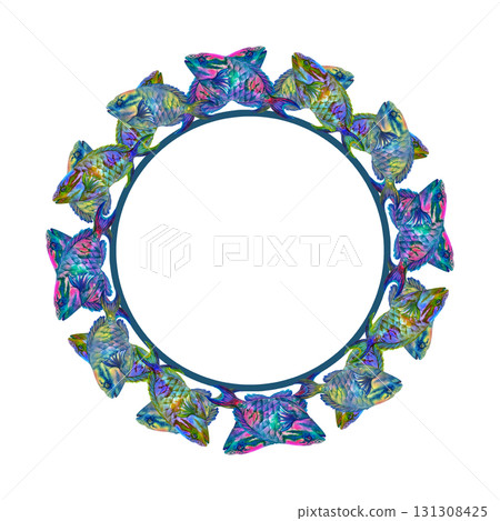 Round frame of rainbow tropical parrotfish. Watercolor template for nautical designs, plates, labels, postcards, posters, children's books, stickers, scrapbooking, textiles, and diving and snorkeling Round frame of rainbow tropical parrotfish. Watercolor template for nautical designs, plates, labels, postcards, posters, children's books, stickers, scrapbooking, textiles, and diving and snorkeling 131308425