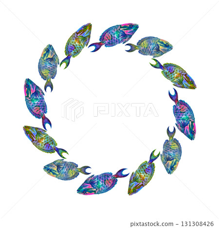 Round frame of rainbow tropical parrotfish. Watercolor template for nautical designs, plates, labels, postcards, posters, children's books, stickers, scrapbooking, textiles, and diving and snorkeling 131308426