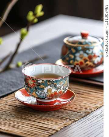 japanese green tea on wooden table 131308465