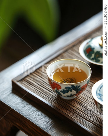 japanese green tea on wooden table 131308466