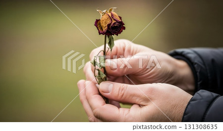 Hand holding a withered rose. Hand holding a withered rose. 131308635