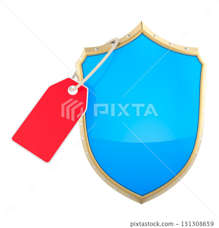 Security price tag, concept. Blue shield with red tag. 3D rendering 131308659