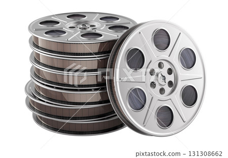 Stack of film reels with movie tape, 3D rendering Stack of film reels with movie tape, 3D rendering 131308662