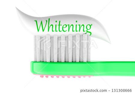 Whitening toothpaste on green toothbrush. 3D rendering 131308666