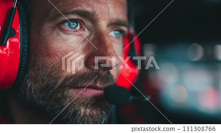 Male race car driver in headphones 131308766