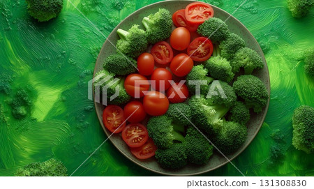 A vibrant plate of fresh broccoli and tomatoes served on a bed of lettuce, promoting healthy eating A vibrant plate of fresh broccoli and tomatoes served on a bed of lettuce, promoting healthy eating 131308830