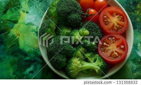 The concept of wholesome nutrition illustrated by a vivid composition of fresh tomatoes, broccoli, and lettuce The concept of wholesome nutrition illustrated by a vivid composition of fresh tomatoes, broccoli, and lettuce 131308832