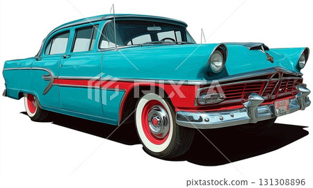 An iconic vintage American car with bold, two-tone paint stands out on a white background 131308896