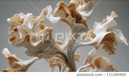 A delicate and organic sculpture made of layered paper with white and brown tones on a soft grey background 131308900