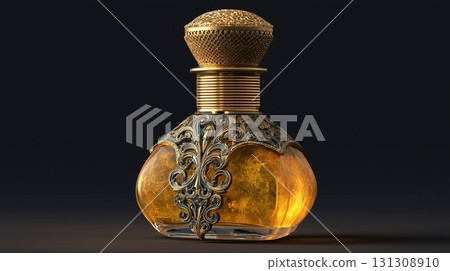 Luxurious golden perfume bottle with ornate filigree on a dark background 131308910
