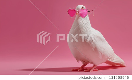 White dove in pink heart-shaped sunglasses on pink background with copy space 131308946