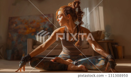 Woman doing yoga in a seated pose by the window 131308950
