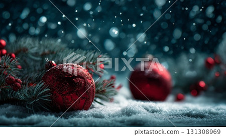 A glistening red Christmas ornament rests in the snow next to a pine branch 131308969