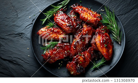 Glazed bbq chicken wings on a dark slate 131308970
