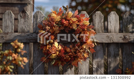 A beautiful, vibrant autumn wreath with leaves and berries hangs outdoors on a weathered wood door 131308992