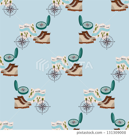 Seamless camping pattern with map, hiking boot, compass and compass rose on blue background in polka dot order. 131309008