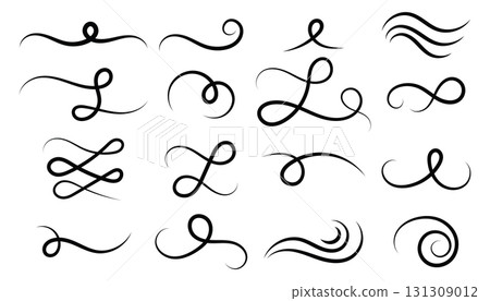 Elegant hand drawn flourish set with swirls and decorative divider elements. Flat line style ornament collection for border, frame, vintage design, invitation, logo or decorative accent. 131309012