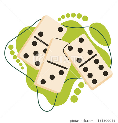 Domino game cover of three figures composition with green organic shapes background isolated on white in flat cartoon style. 131309014