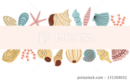 Sea shell border in cute pastel colors for invitation or greeting card template with empty space. Sea shell border in cute pastel colors for invitation or greeting card template with empty space. 131309032