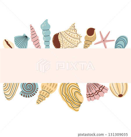 Vacation square greeting card template with empty space framed by seashell borders in pastel colors. Vacation square greeting card template with empty space framed by seashell borders in pastel colors. 131309035