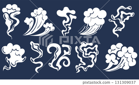Set of comic smoke, smoking steam, clouds of smell white silhouettes in flat cartoon style. 131309037