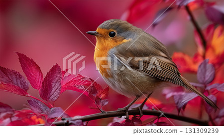 A small red-breasted bird perches on a branch of autumn leaves A small red-breasted bird perches on a branch of autumn leaves 131309239