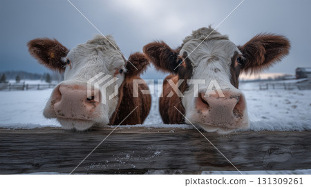 兩頭牛在冬季牧場透過柵欄往外看 兩頭牛在冬季牧場透過柵欄往外看 131309261