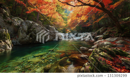 秋天的景色，秋天的落葉和山谷清澈的溪流 131309299