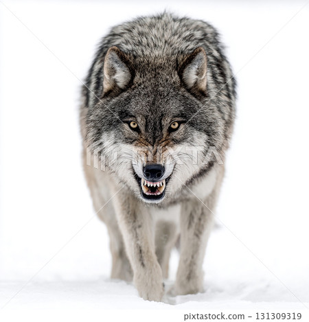 A gray wolf moving forward, looking straight ahead at a white background 131309319