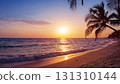 Illustration of a South Pacific island beach at sunset 131310144