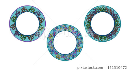 Set of round frames of rainbow tropical parrotfish, corals on a blue background. Watercolor template for sea designs, plates, tableware, labels, cards, decor, stickers, scrapbook, diving, snorkeling 131310472