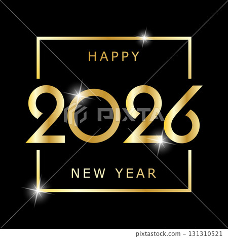 Happy New Year 2026. A stylized gold greeting card for a banner, badge, or label 131310521