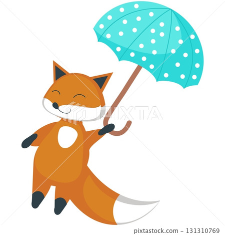 Fox flying on umbrella cute vector flat icon 131310769