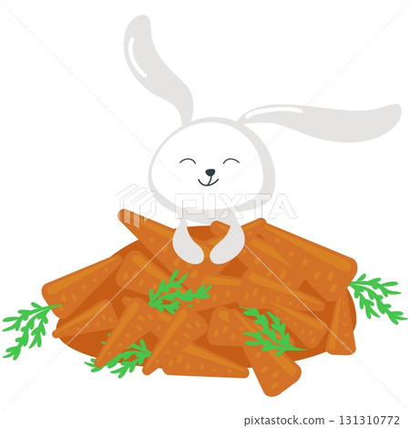 Happy rabbit and carrot heap vector flat icon 131310772
