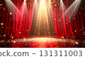 Gorgeous red stage curtain glittering golden confetti success announcement 131311003