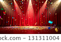 Gorgeous red stage curtain glittering golden confetti success announcement 131311004