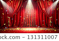 Gorgeous red stage curtain glittering golden confetti success announcement 131311007
