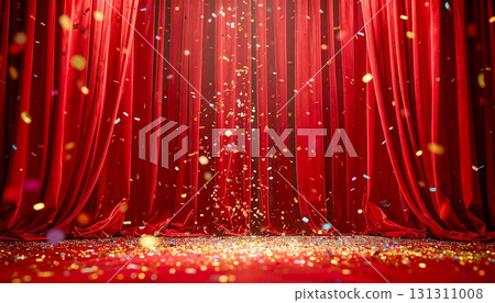 Gorgeous red stage curtain glittering golden confetti success announcement 131311008